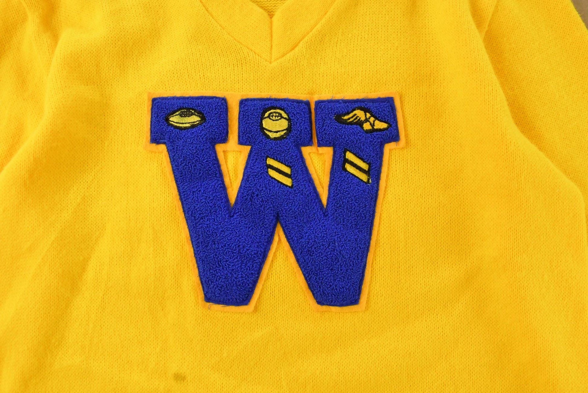 Vintage 1960s Chenille Patch Collegiate Knit V-Neck Sweater Men's Large from propervintagecanada