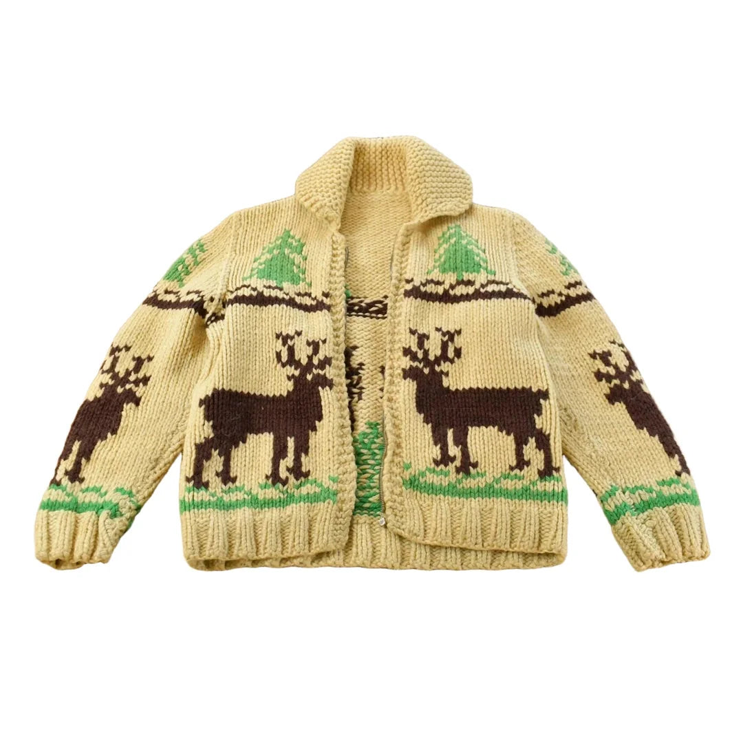 Vintage 1960s Cowichan Hand Knit Shawl Collar Full Zip Sweater Youth L from propervintagecanada