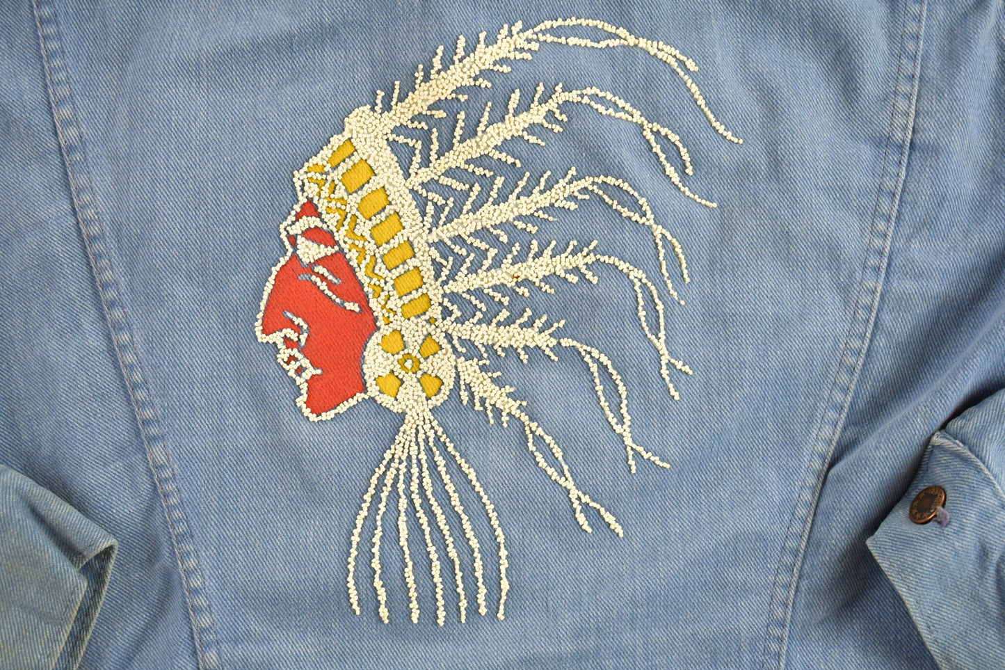 Vintage 1960s Denim Native American Themed Jacket Men's Medium from propervintagecanada