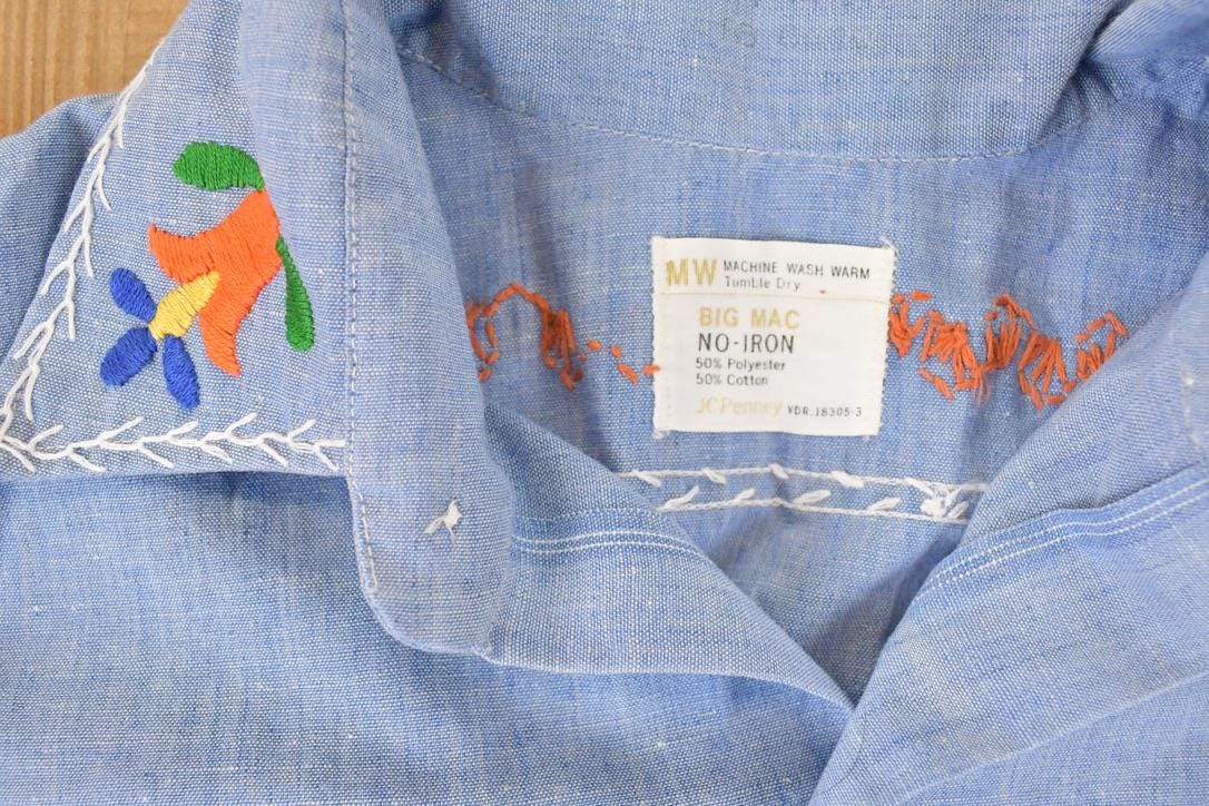 Vintage 1960s JC Penny Big Mac Loop Embroidered Western Denim Button Up Shirt Women's M from propervintagecanada