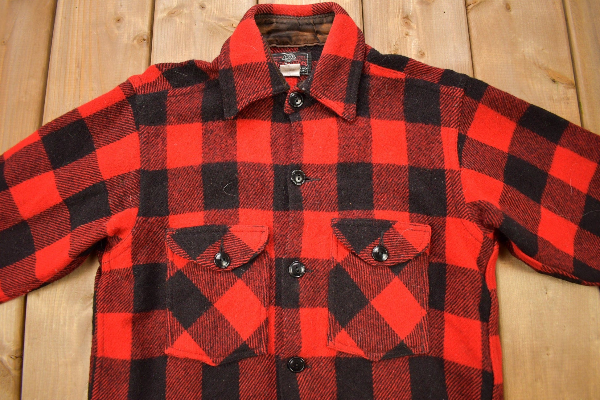 Vintage 1960s Johnson Wool Buffalo Plaid Hunting Togs Flannel Shirt Men's M from propervintagecanada