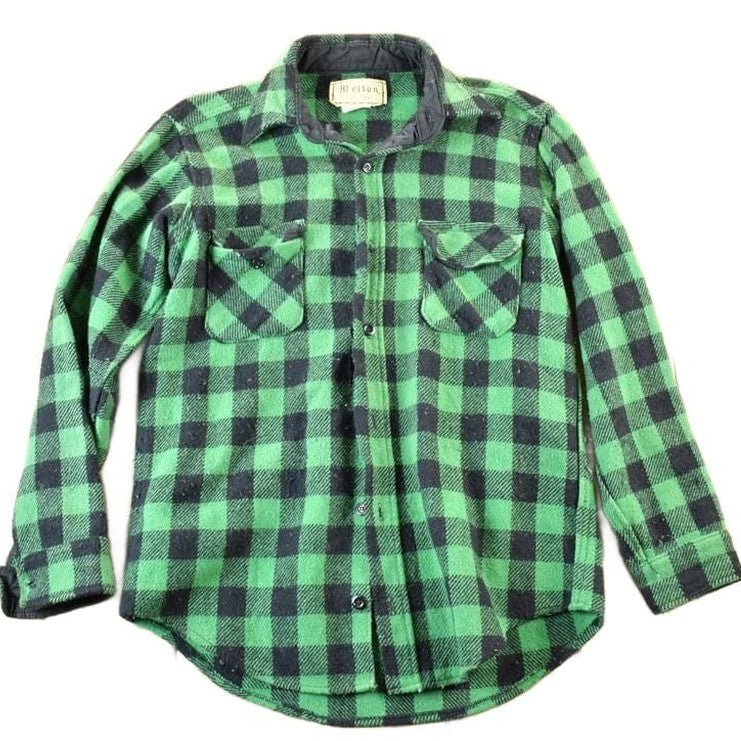 Vintage 1960s Melton Plaid Button Up Shirt Mens L from propervintagecanada