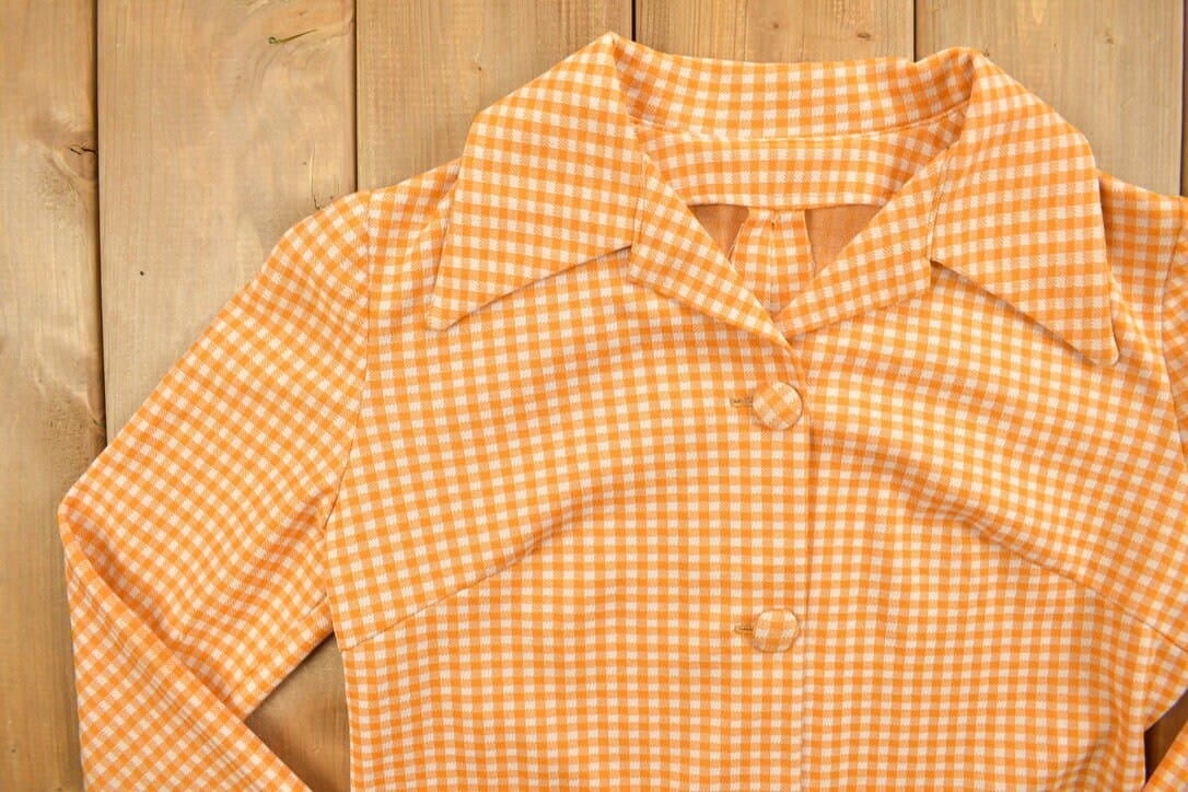 Vintage 1960s Orange Gingham Full Button-Up Shirt Men's S from propervintagecanada