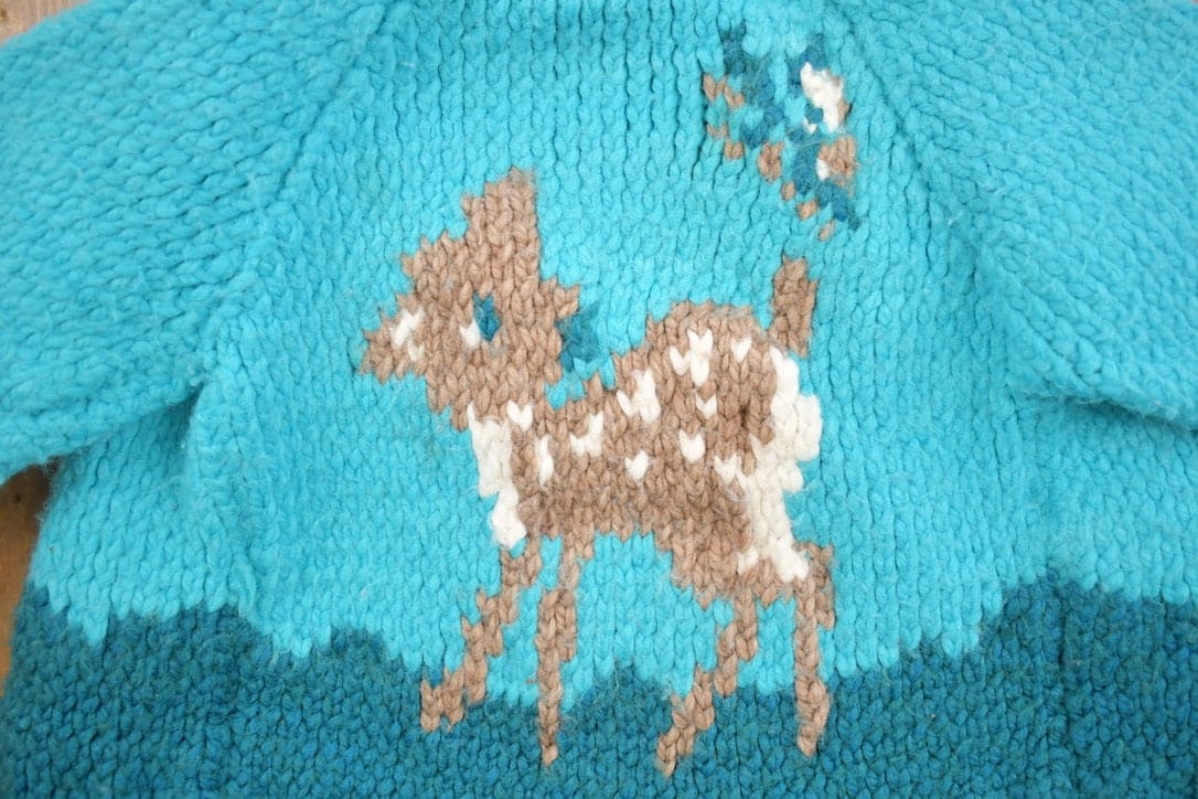 Vintage 1960s Toddler Hand-Knit Deer Fawn Cowichan Sweater from propervintagecanada