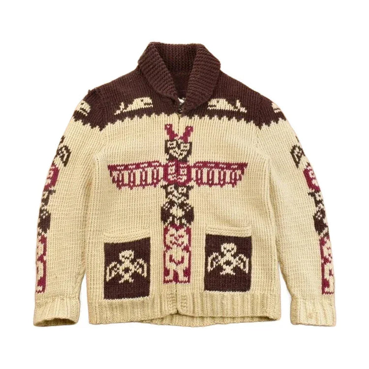 Vintage 1960s Totem Pole Cowichan Knit Cardigan Sweater Men's Large from propervintagecanada