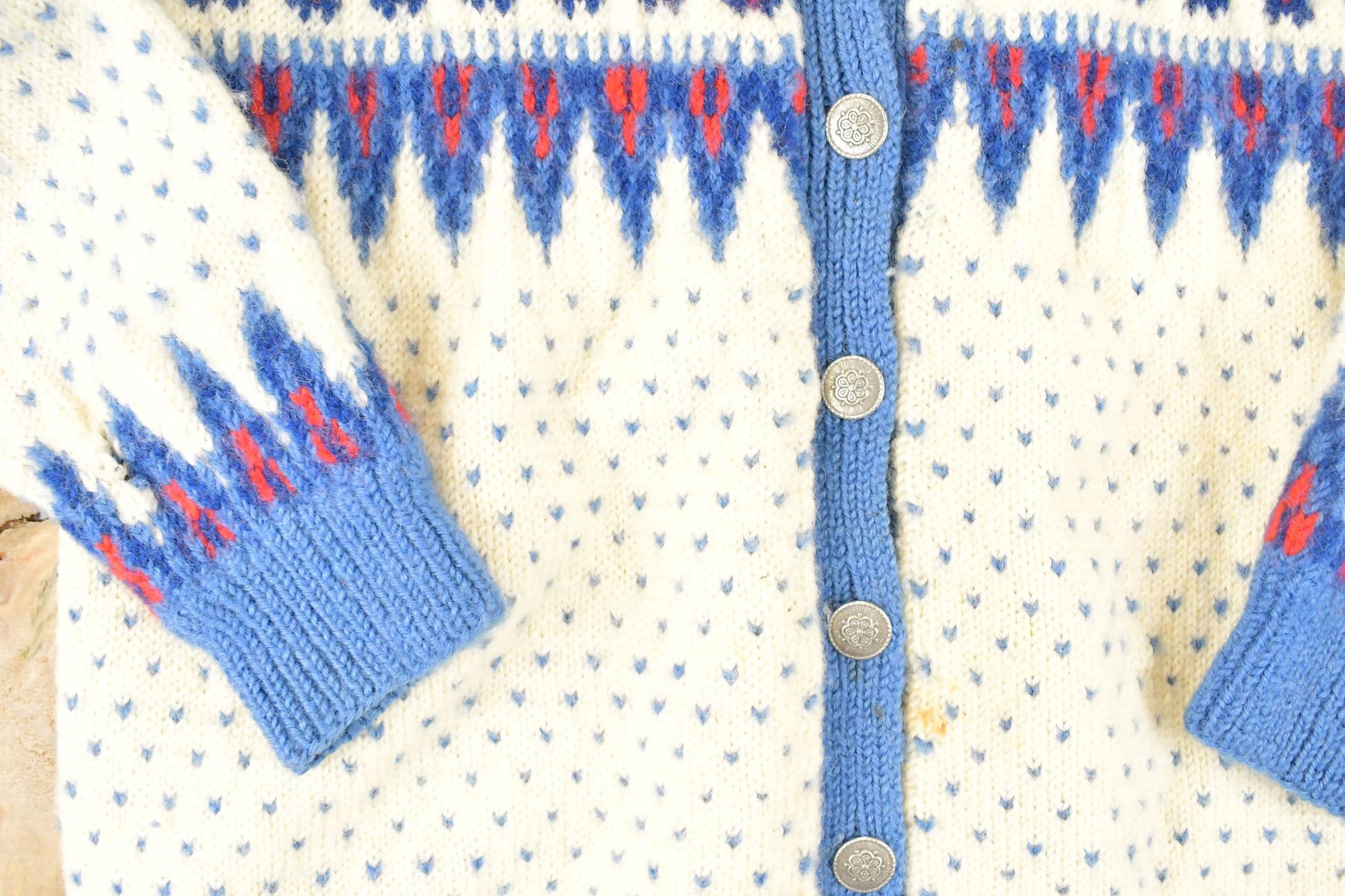 Vintage 1970's Abstract Snowflake Wool Knit Cardigan Sweater Women's S from propervintagecanada