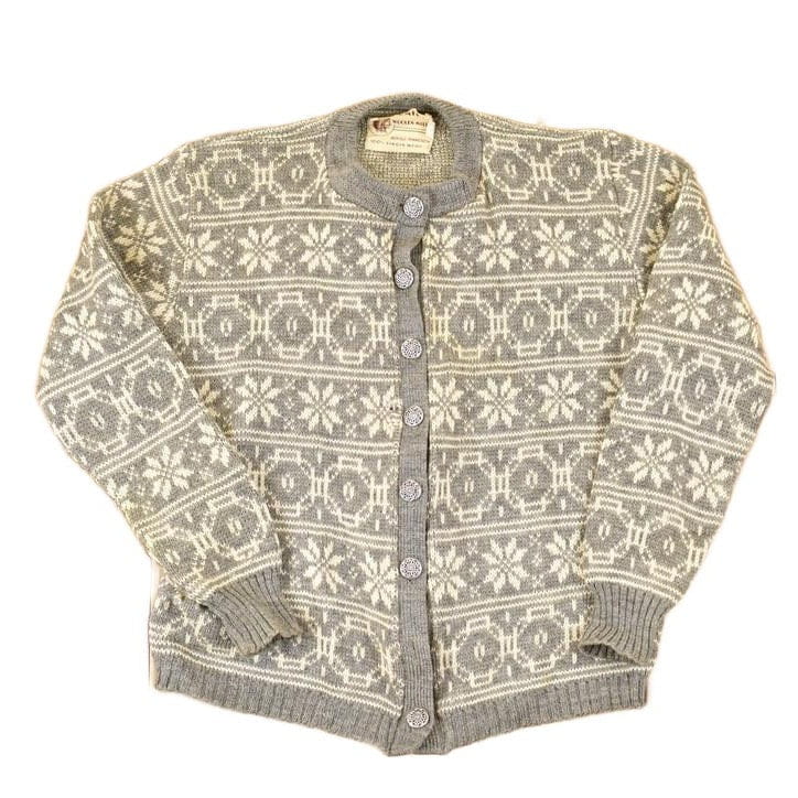 Vintage 1970's Bemidji Abstract Snowflake Wool Knit Cardigan Sweater Men's S from propervintagecanada