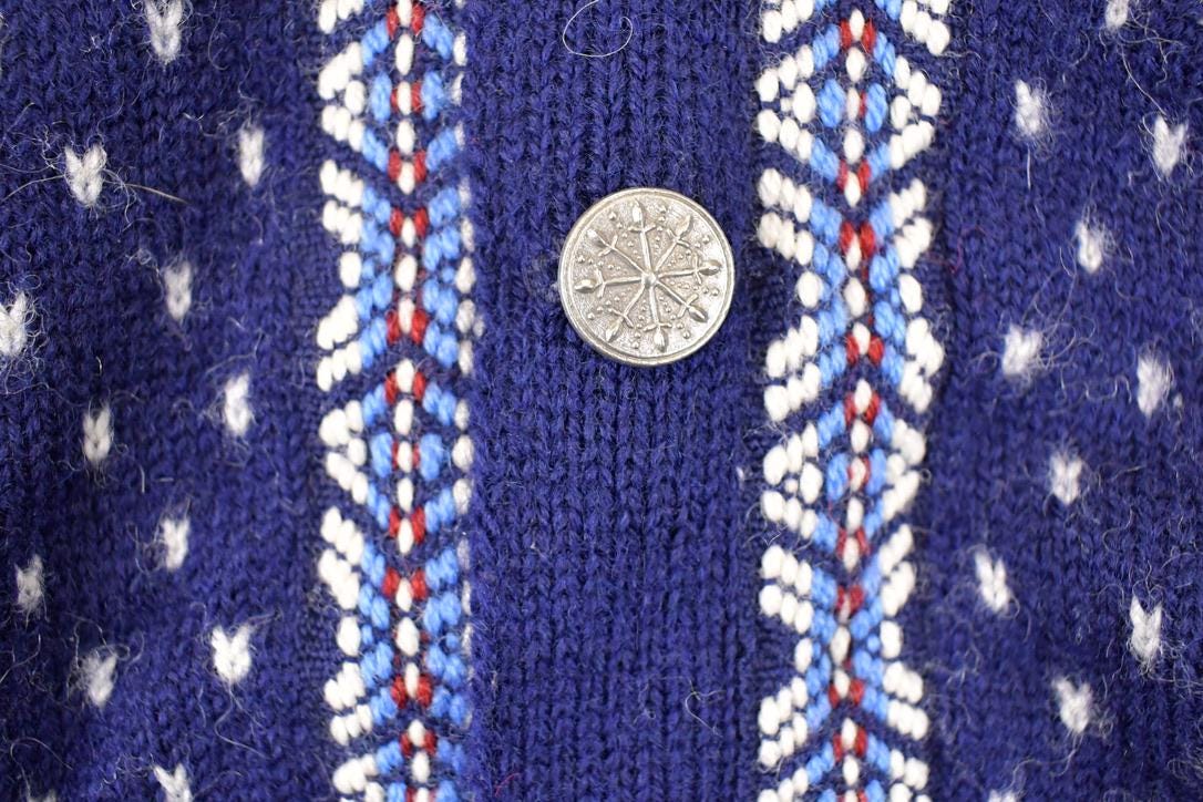 Vintage 1970's Nordstrikk Abstract Snowflake Wool Knit Cardigan Sweater Men's L from propervintagecanada