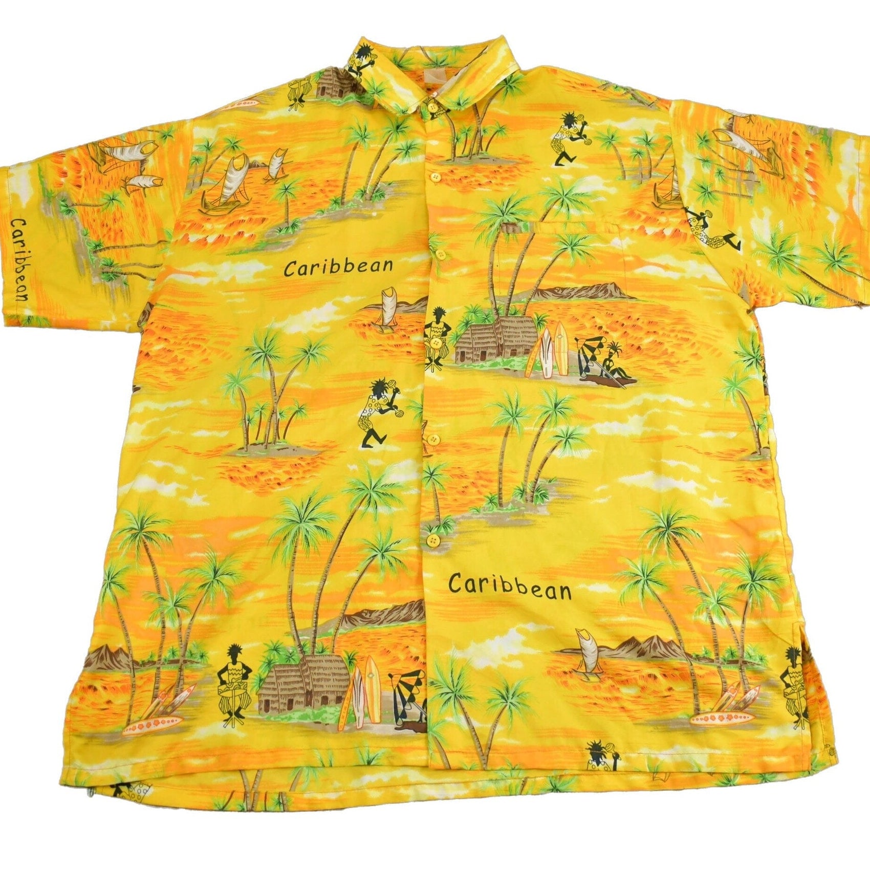 Vintage 1970s All Over Print Caribbean Theme Button Up Shirt Men's XL from propervintagecanada