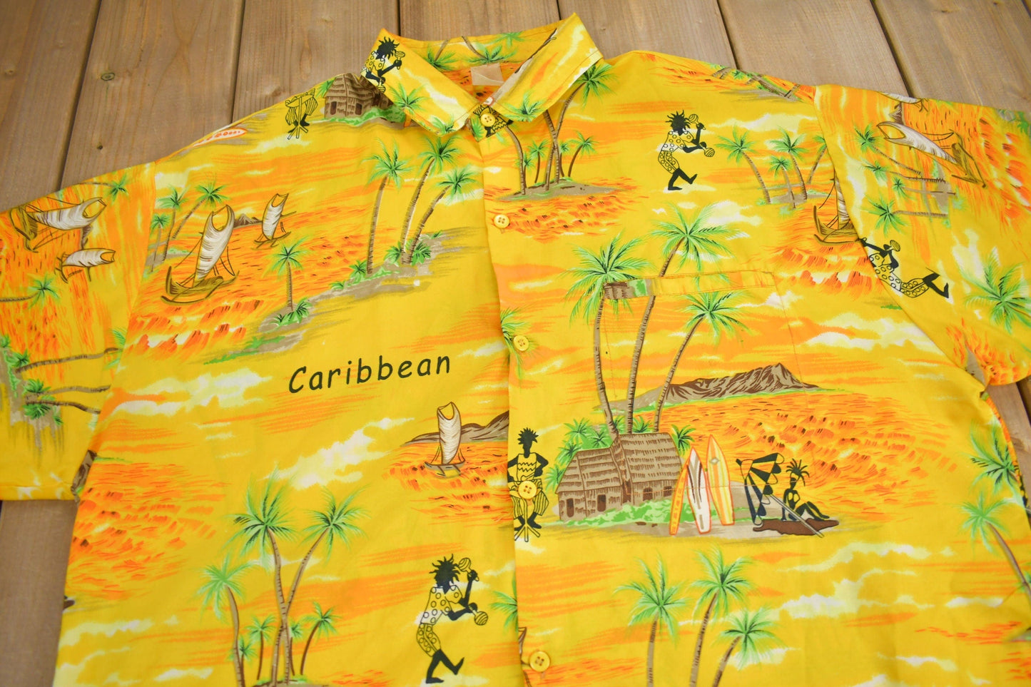 Vintage 1970s All Over Print Caribbean Theme Button Up Shirt Men's XL from propervintagecanada