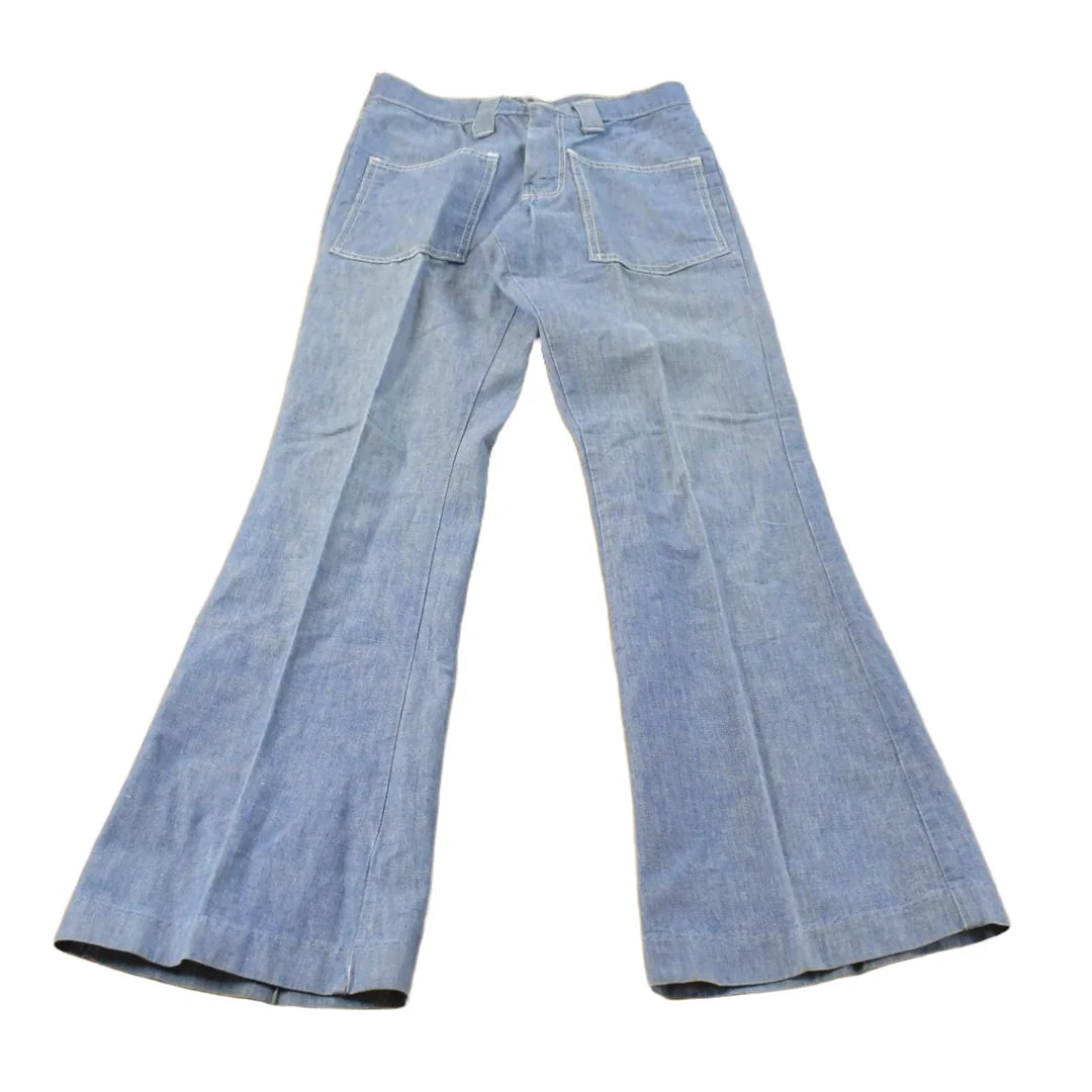 Vintage 1970s Bell Bottom Flare Denim Pleated Pants Men's 28 x 31 from propervintagecanada