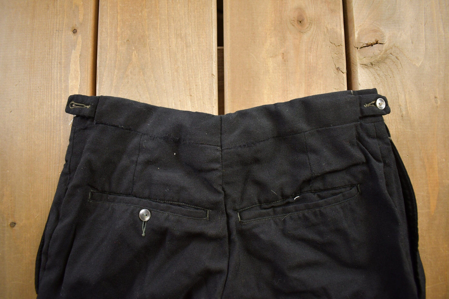 Vintage 1970s Black Wool Trousers Size 26x27 from propervintagecanada