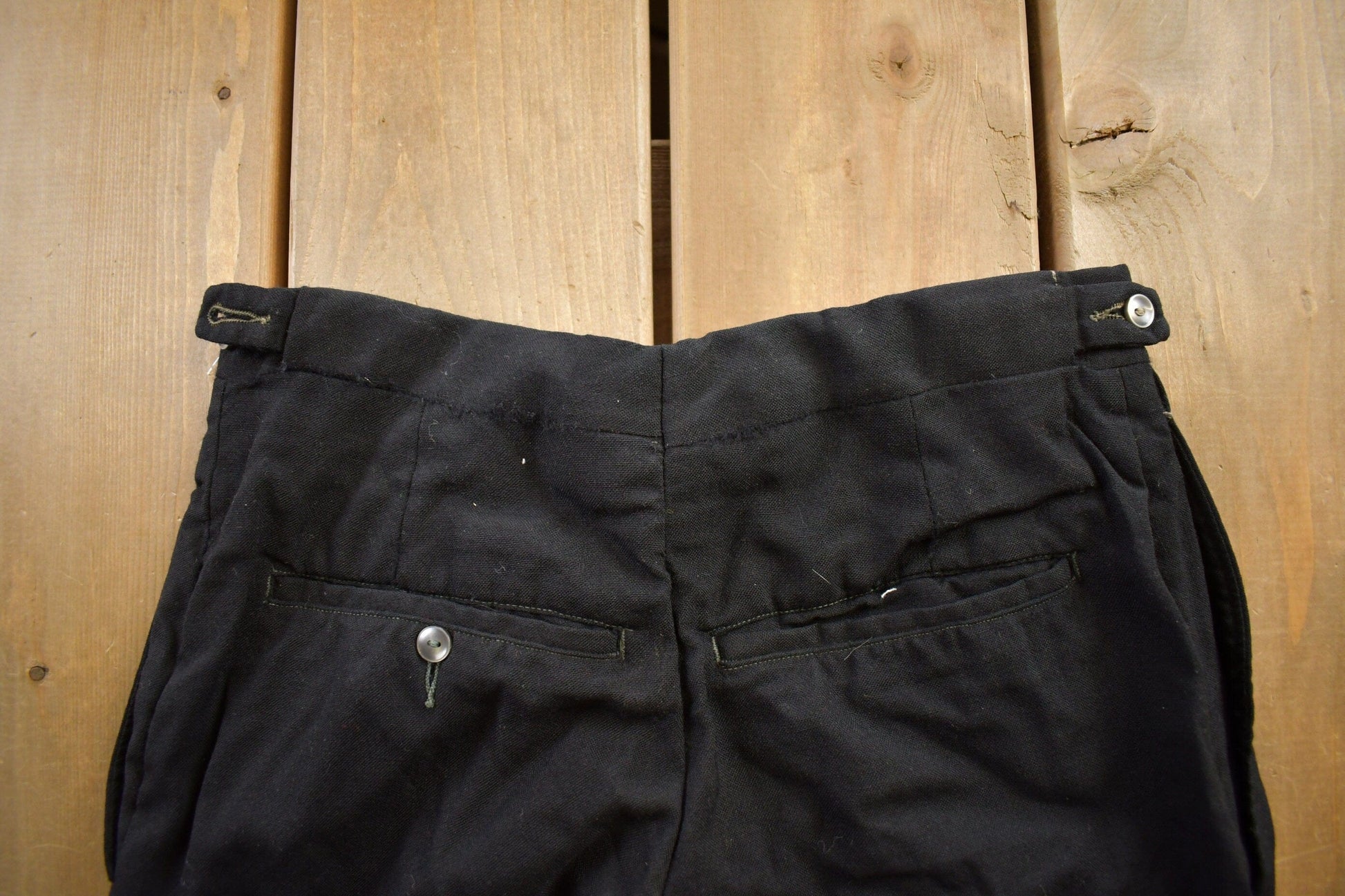 Vintage 1970s Black Wool Trousers Size 26x27 from propervintagecanada