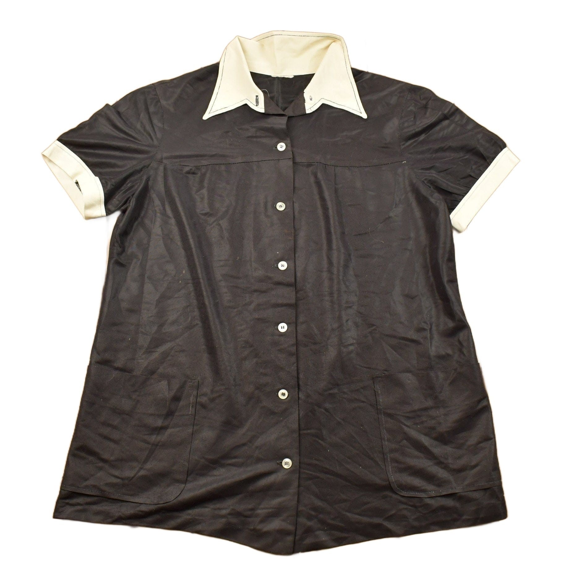 Vintage 1970s Blank Black and White Bowling Button Up Shirt Men's Large from propervintagecanada