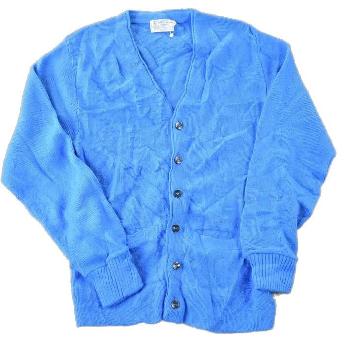 Vintage 1970s Blue Knit Perfect Mild Distress Cardigan Sweater Men's Small from propervintagecanada