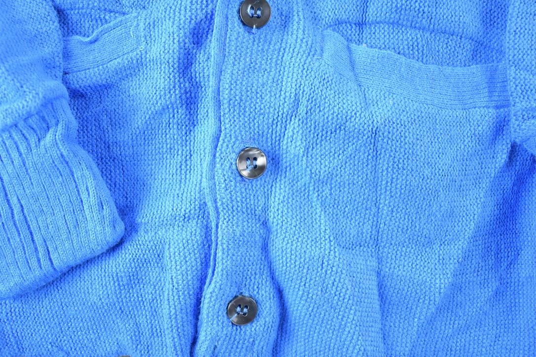 Vintage 1970s Blue Knit Perfect Mild Distress Cardigan Sweater Men's Small from propervintagecanada