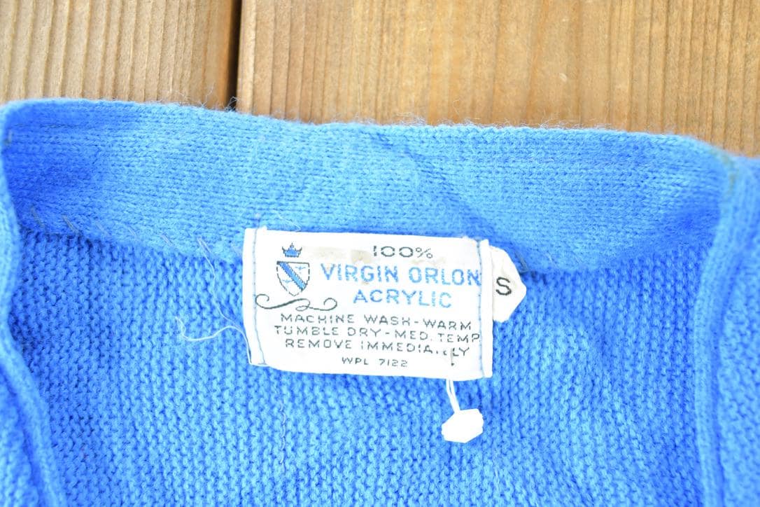 Vintage 1970s Blue Knit Perfect Mild Distress Cardigan Sweater Men's Small from propervintagecanada