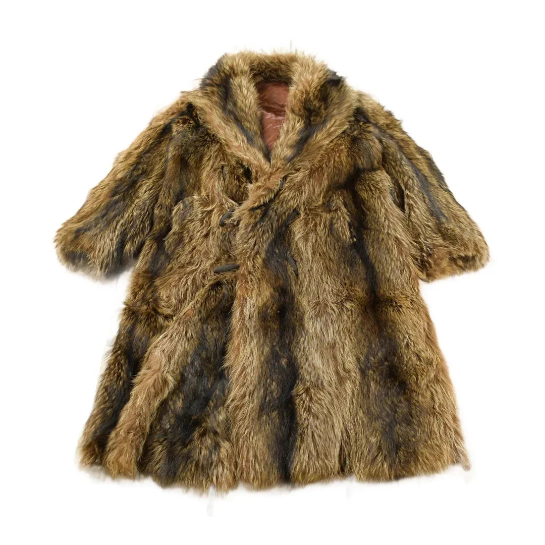Vintage 1970s Brown Racoon Fur Plaid Lined Coat Men's Large from propervintagecanada