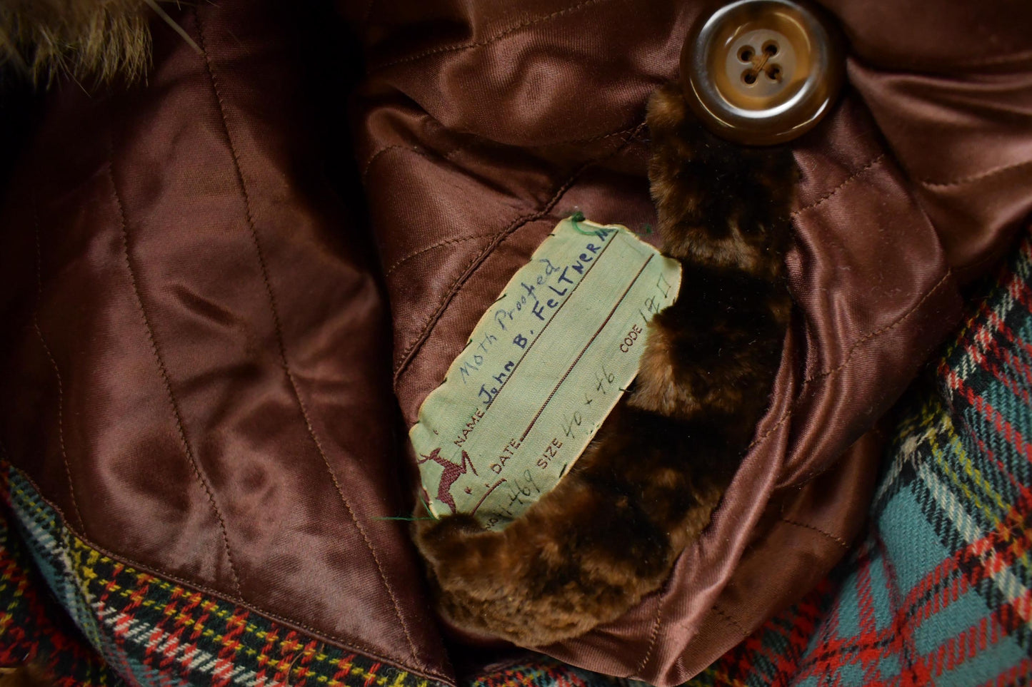 Vintage 1970s Brown Racoon Fur Plaid Lined Coat Men's Large from propervintagecanada