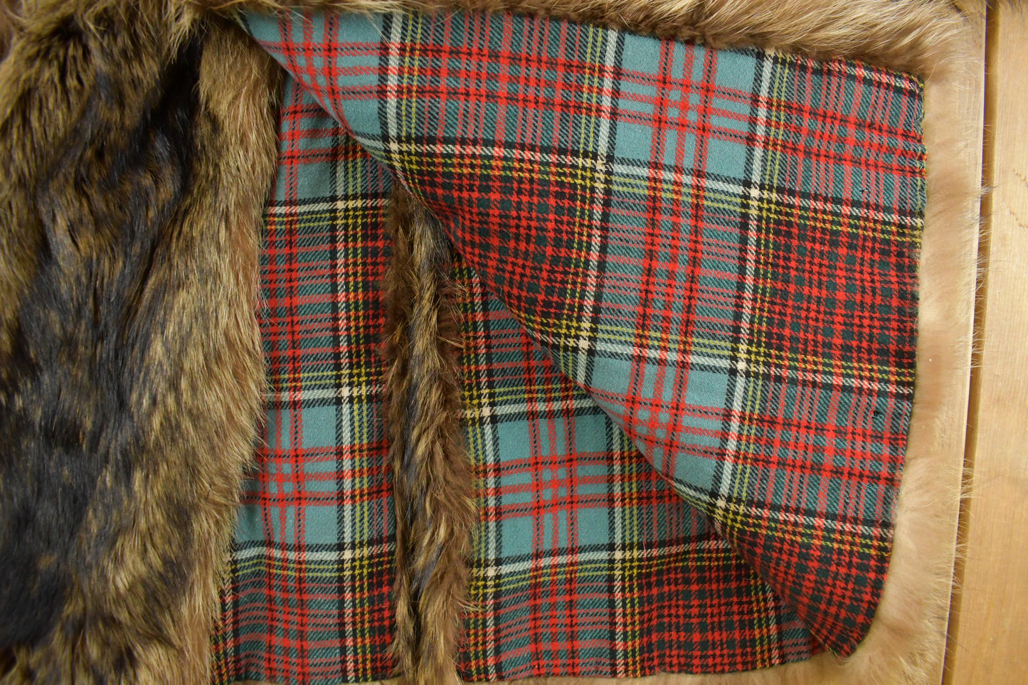 Vintage 1970s Brown Racoon Fur Plaid Lined Coat Men's Large from propervintagecanada