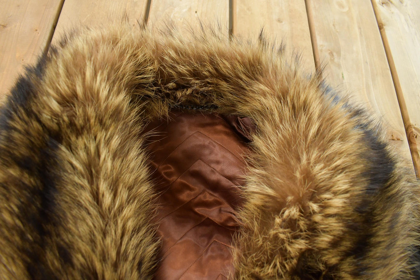 Vintage 1970s Brown Racoon Fur Plaid Lined Coat Men's Large from propervintagecanada