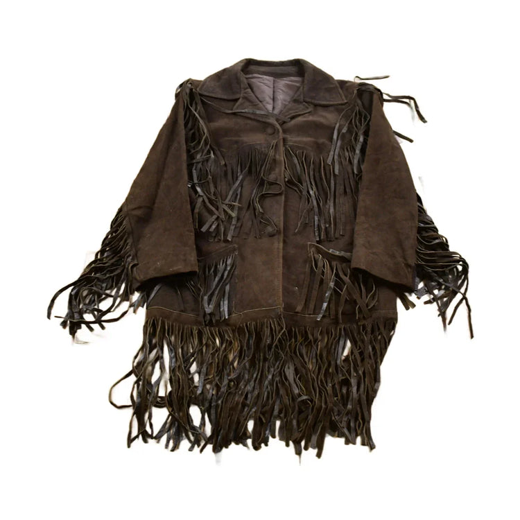 Vintage 1970s Brown Suede Leather Fringe Jacket Men's Small from propervintagecanada