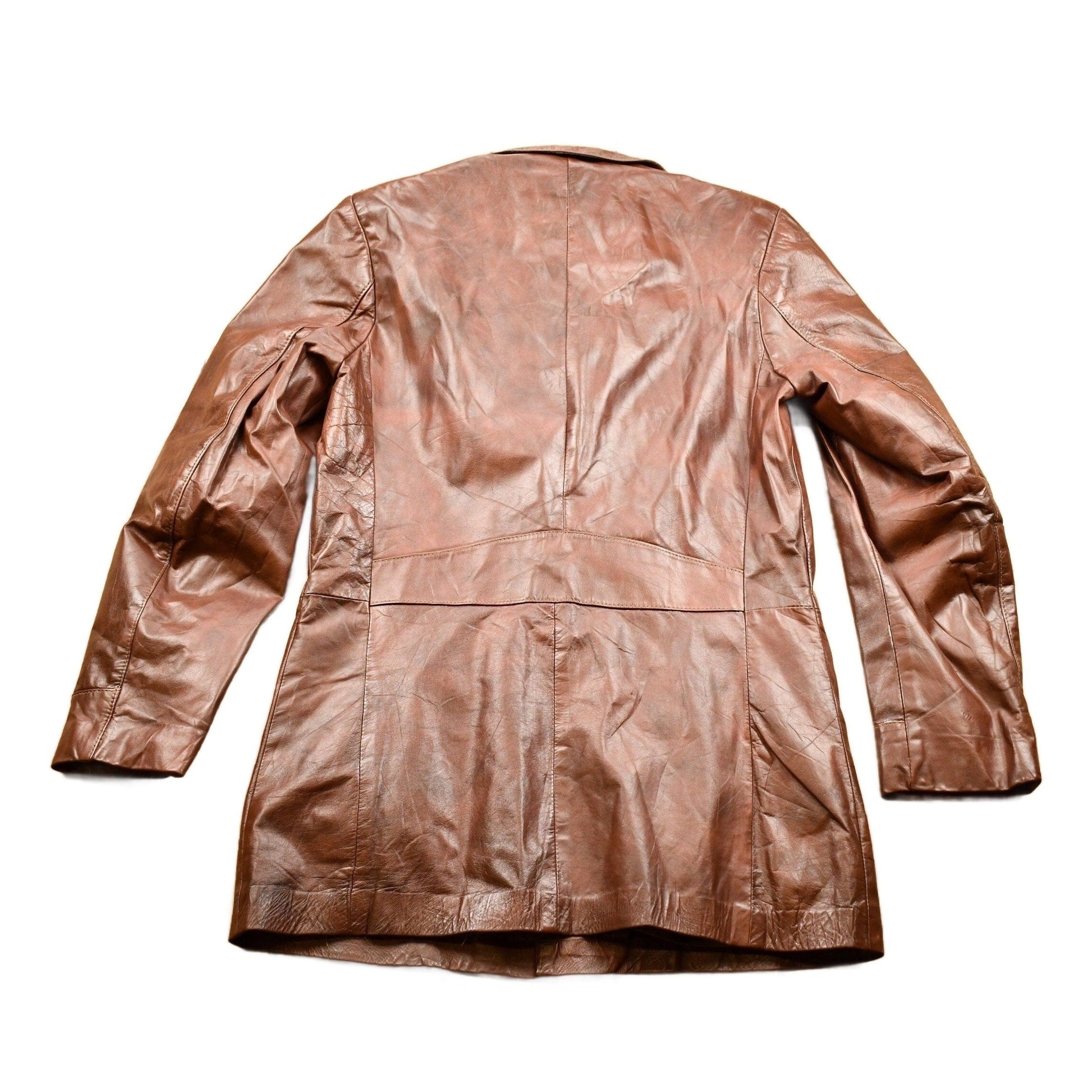 Vintage 1970s Burnt Orange Full Length Angel Skin Nappa Leather Trench Coat Men's Medium from propervintagecanada