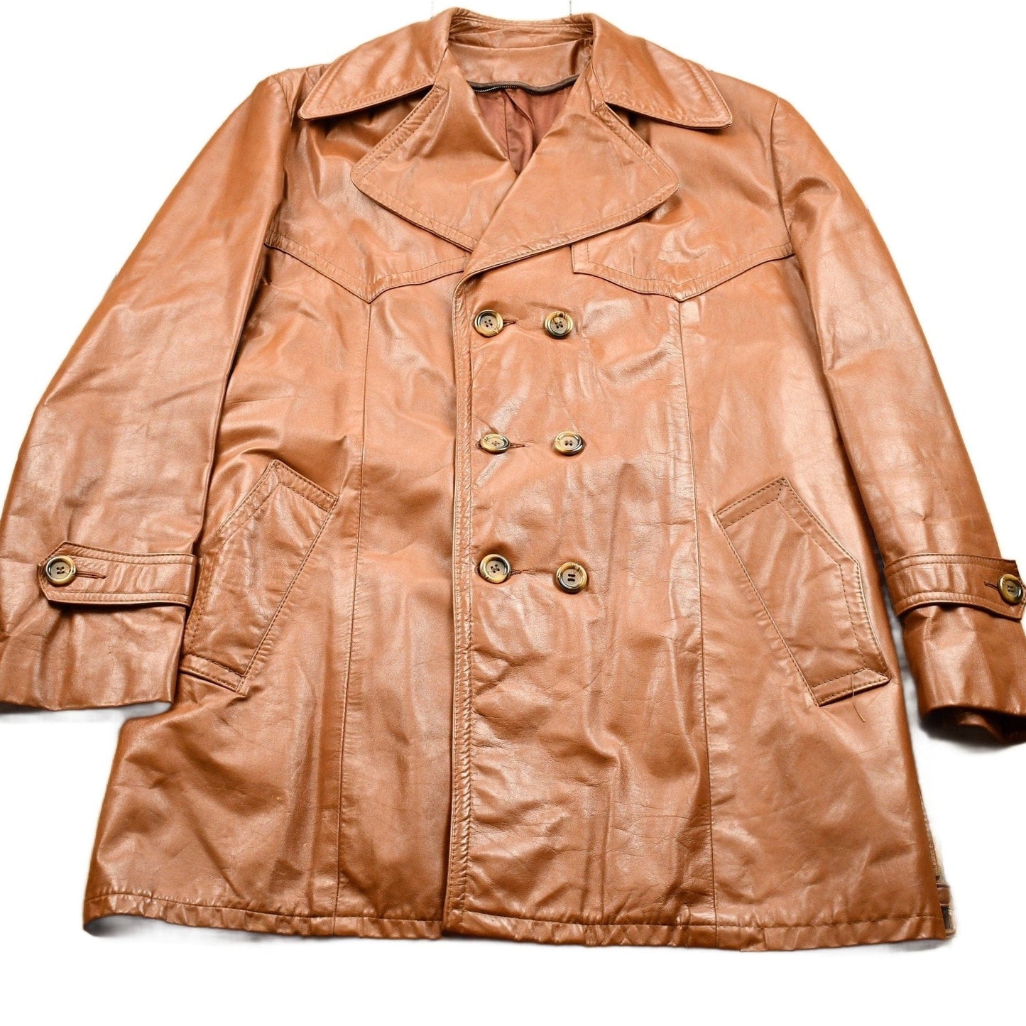 Vintage 1970s Burnt Orange Full Length Leather Trench Coat Men's XL from propervintagecanada