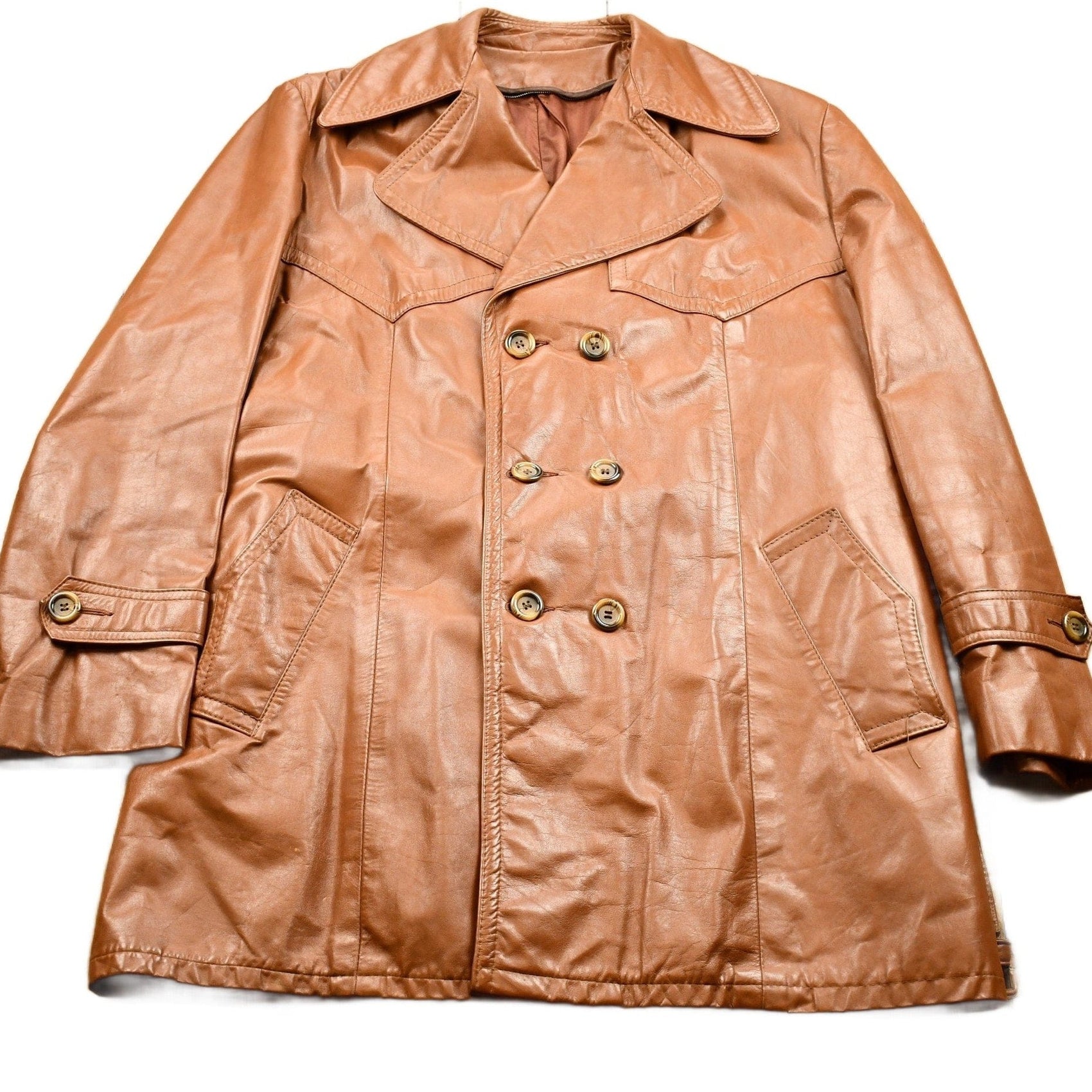 Vintage 1970s Burnt Orange Full Length Leather Trench Coat Men's XL from propervintagecanada