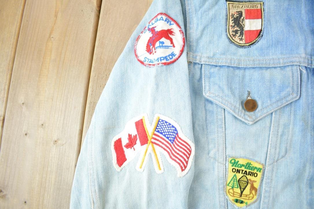 Vintage 1970s Canadian Souvenir Patch Work Jean Jacket Men's S from propervintagecanada