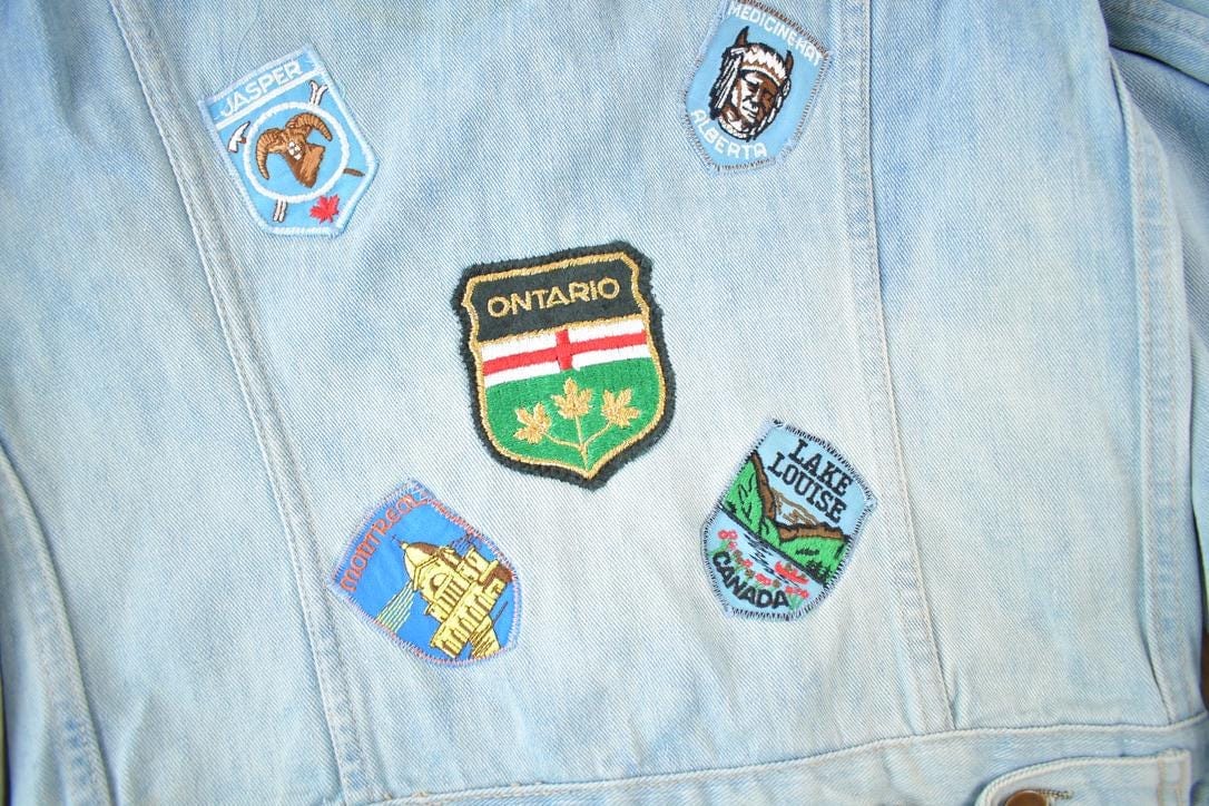 Vintage 1970s Canadian Souvenir Patch Work Jean Jacket Men's S from propervintagecanada