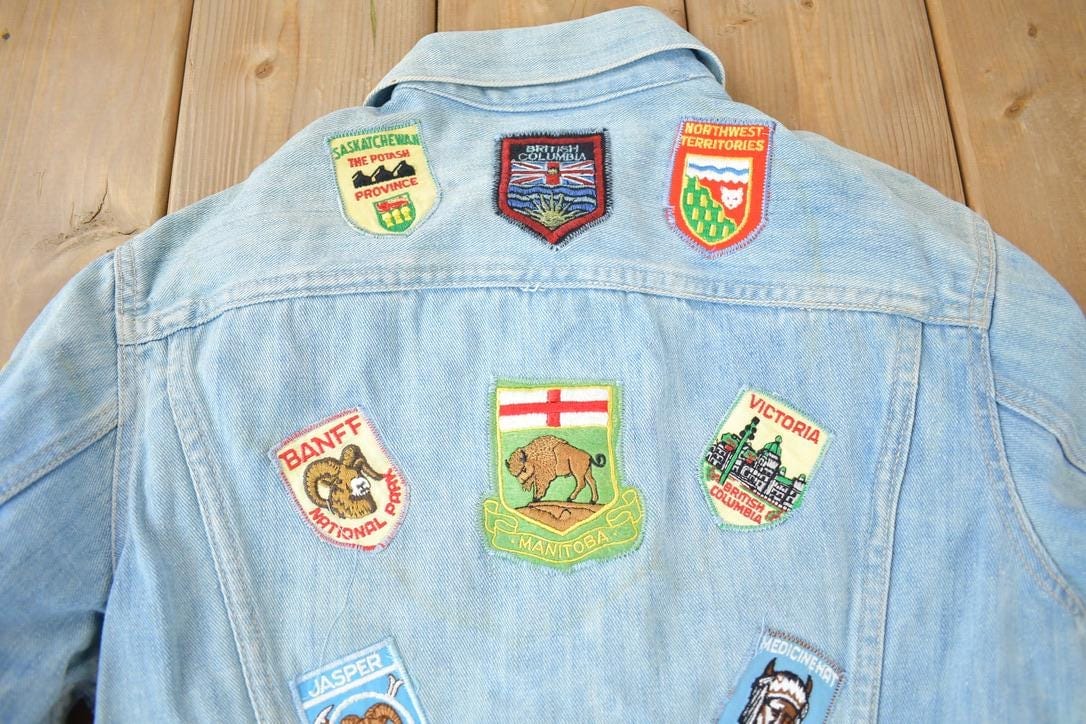 Vintage 1970s Canadian Souvenir Patch Work Jean Jacket Men's S from propervintagecanada