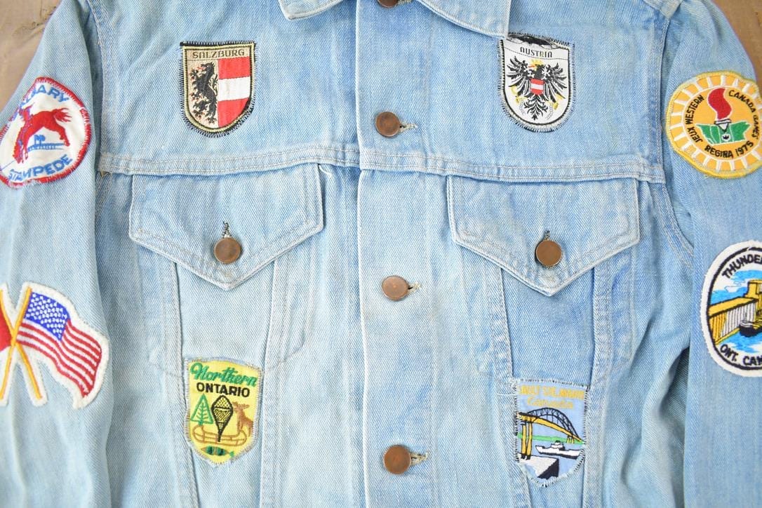 Vintage 1970s Canadian Souvenir Patch Work Jean Jacket Men's S from propervintagecanada