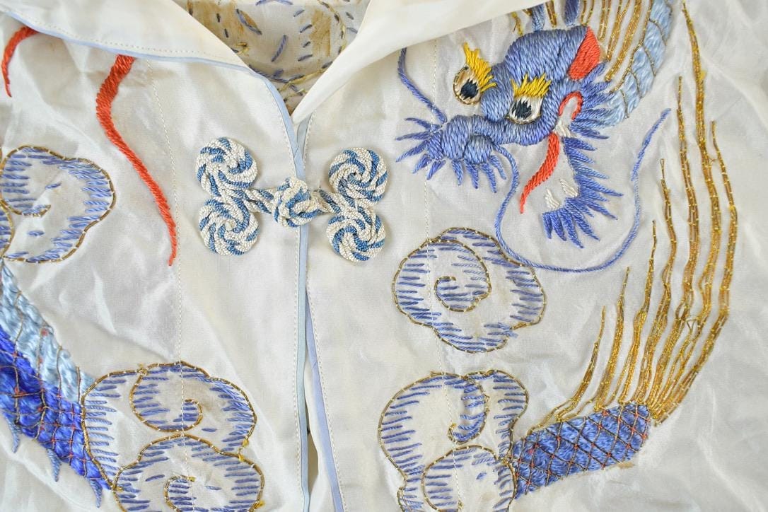 Vintage 1970s Chinese Dragon Silk Button Up Shirt Men's Small from propervintagecanada
