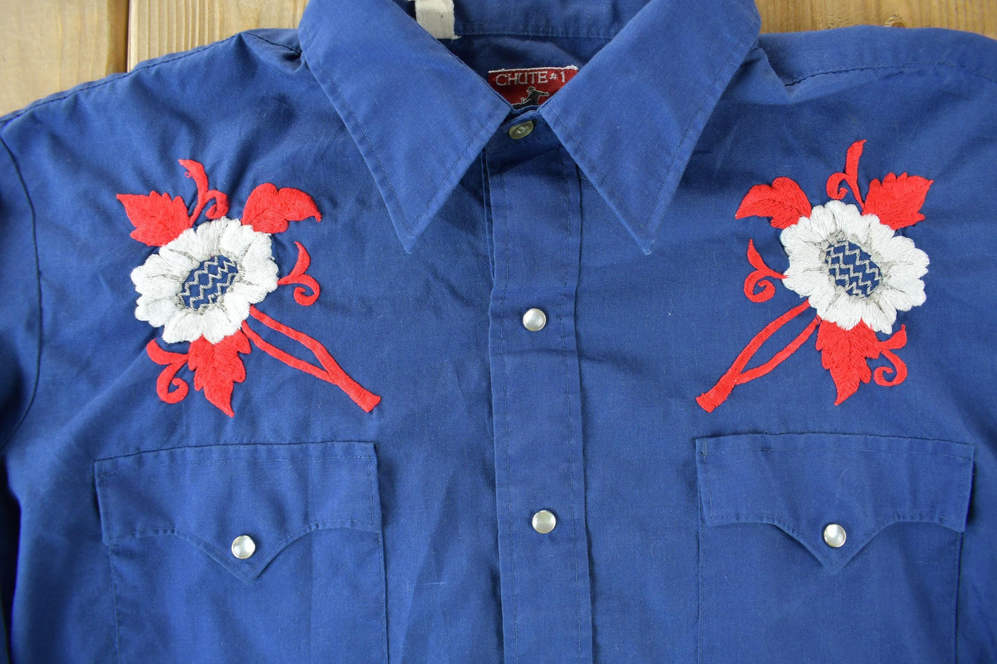 Vintage 1970s Chute #1 Western Wear Pearl Snap Embroidered Button Up Shirt Men's Large from propervintagecanada