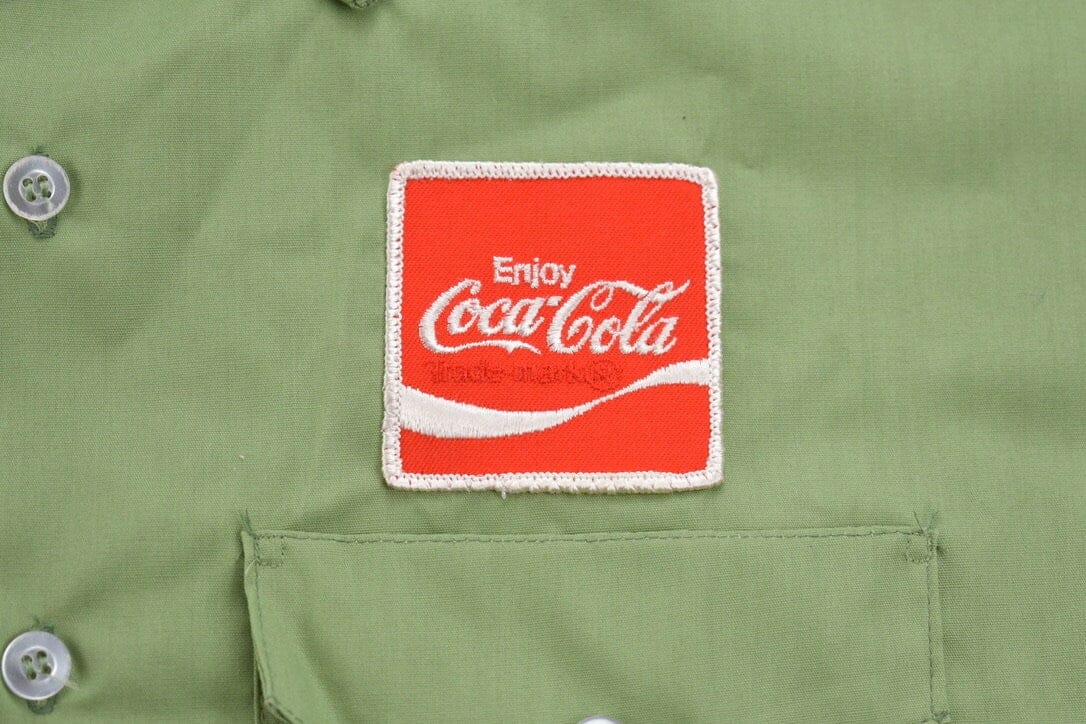 Vintage 1970s Coca Cola Embroidered Patch Button Up Shirt Men's XL from propervintagecanada