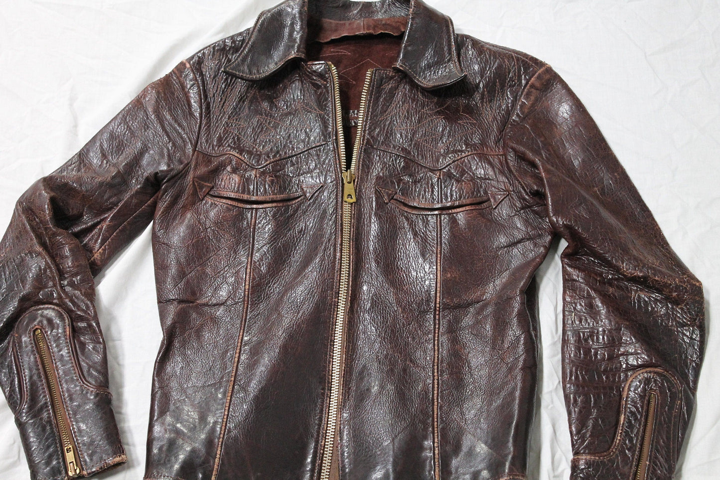 Vintage 1970s East West Musical Instruments Leather Motorcycle Jacket from propervintagecanada