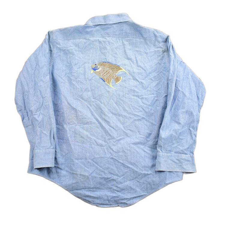 Vintage 1970s Embroidered Fish Button Up Shirt Men's Large from propervintagecanada