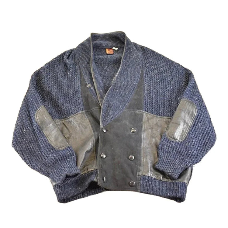 Vintage 1970s Emme Esse Leather Patch Knit Cardigan Sweater Men's XL from propervintagecanada