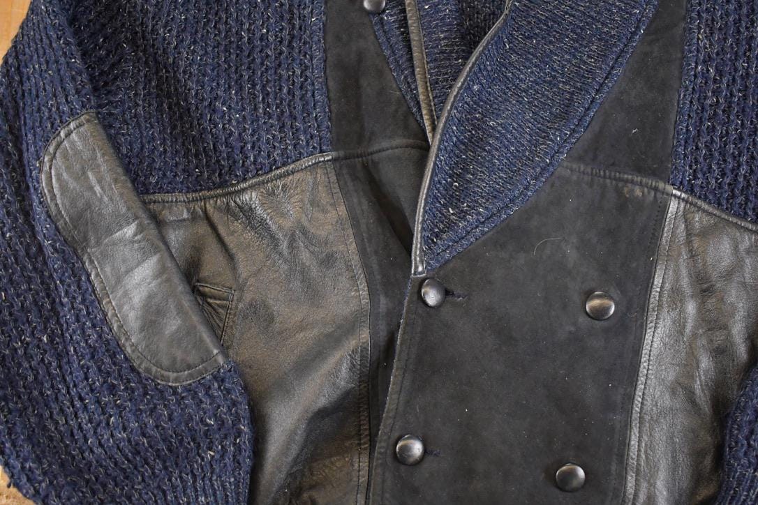 Vintage 1970s Emme Esse Leather Patch Knit Cardigan Sweater Men's XL from propervintagecanada