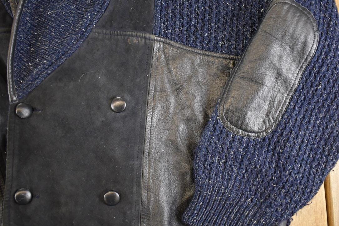 Vintage 1970s Emme Esse Leather Patch Knit Cardigan Sweater Men's XL from propervintagecanada