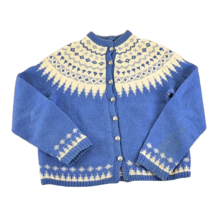 Vintage 1970s Fair Isle Abstract Wool Knit Cardigan Sweater Women's M from propervintagecanada
