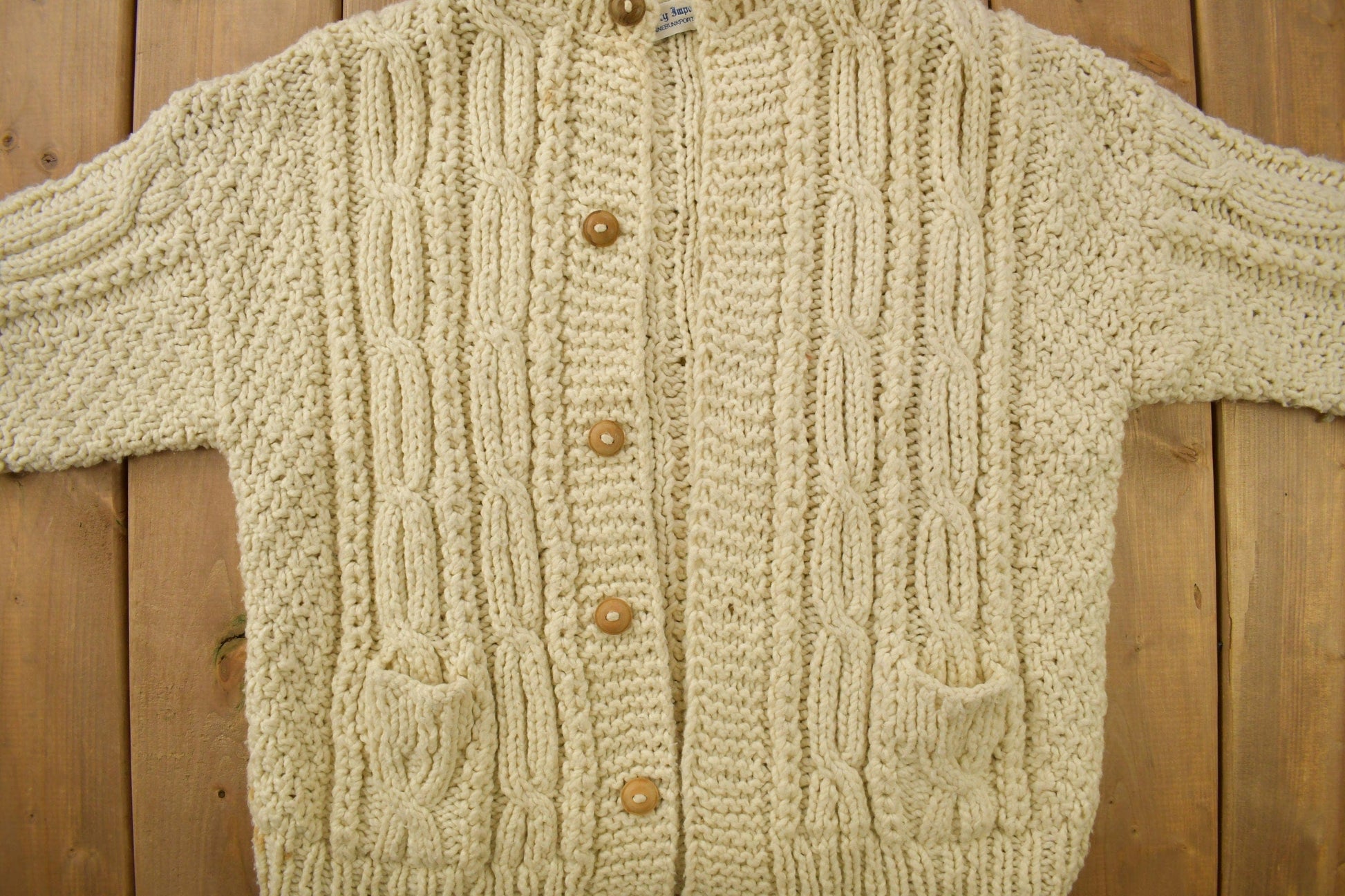 Vintage 1970s Flaherty Imports 3D Cable Knit Button Up Sweater from propervintagecanada