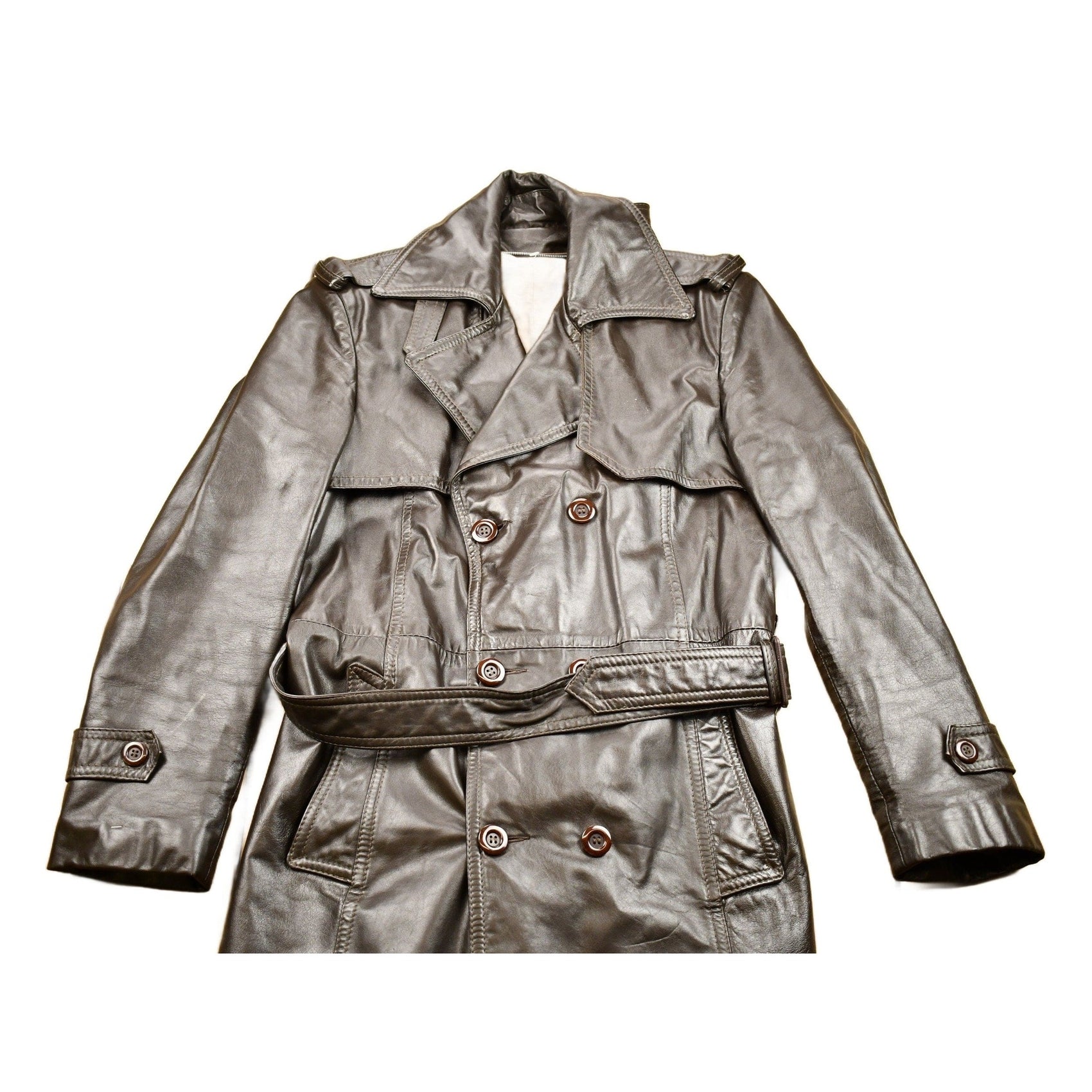 Vintage 1970s Full Length Brown Leather Trench Coat from propervintagecanada