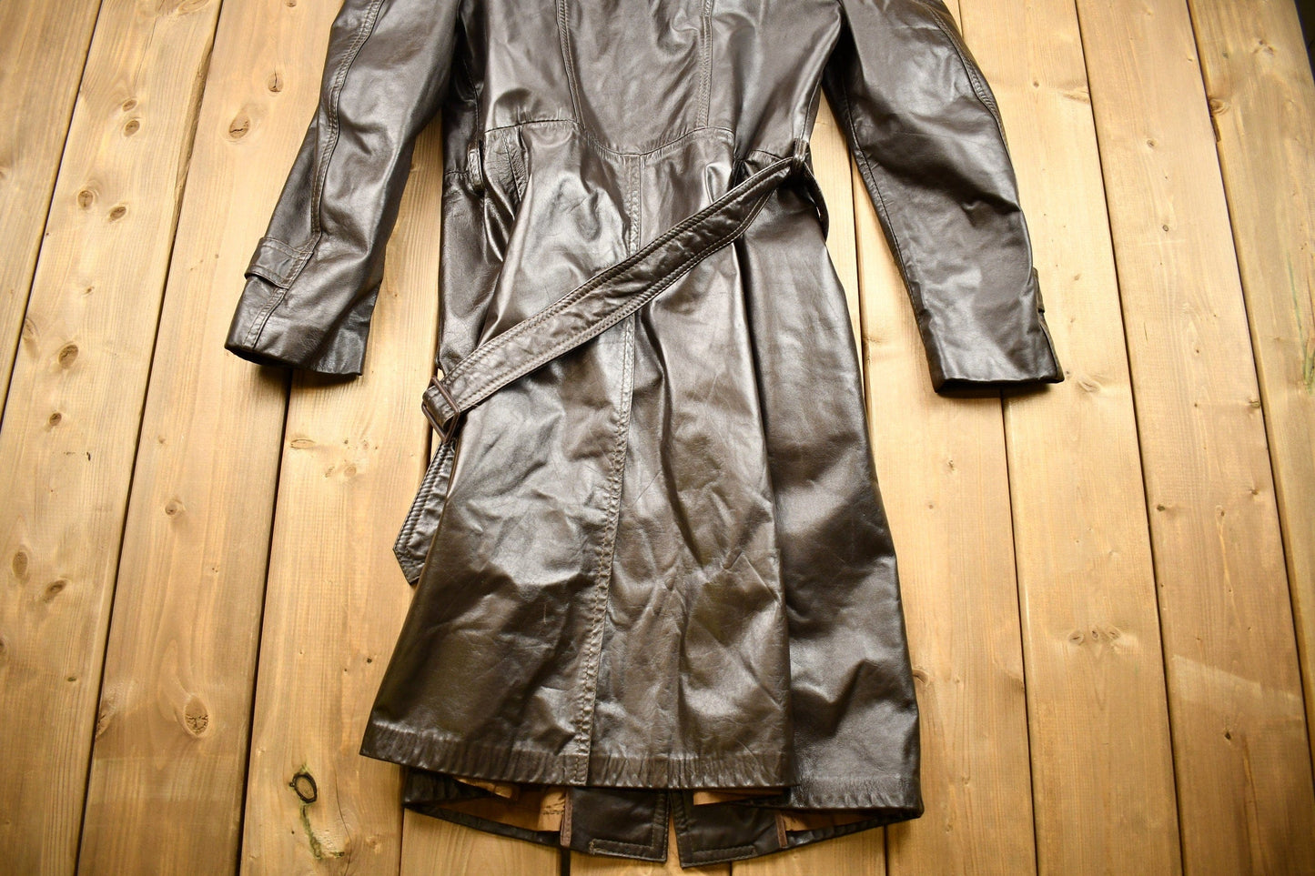 Vintage 1970s Full Length Brown Leather Trench Coat from propervintagecanada