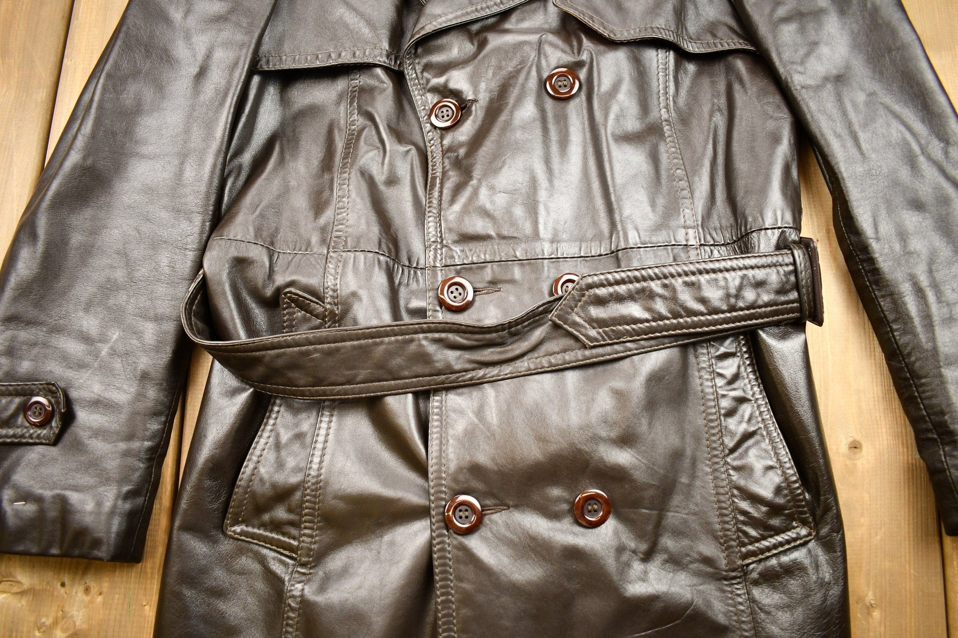 Vintage 1970s Full Length Brown Leather Trench Coat from propervintagecanada