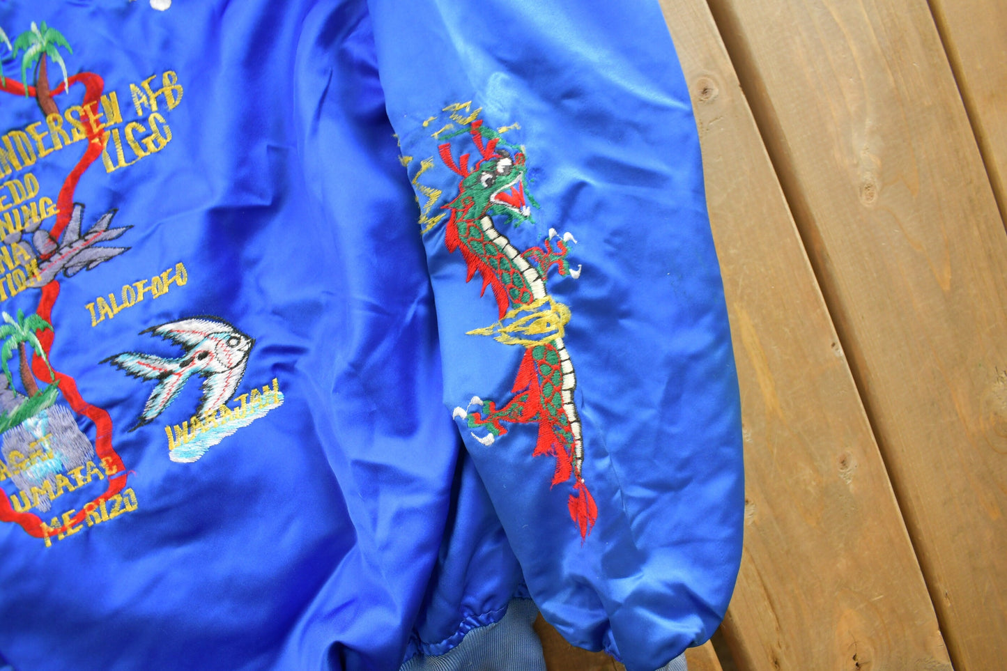 Vintage 1970s Guam USA Korean Sukajan Bomber Jacket from propervintagecanada