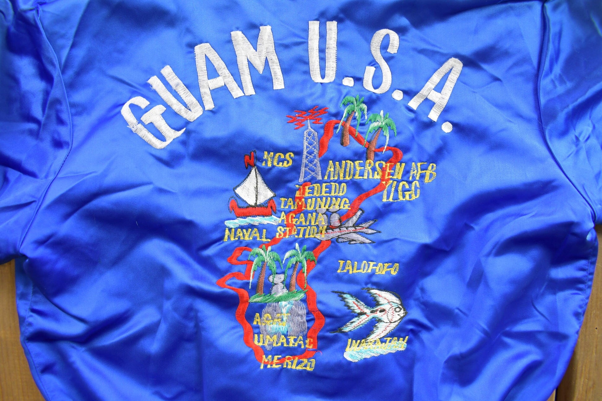 Vintage 1970s Guam USA Korean Sukajan Bomber Jacket from propervintagecanada
