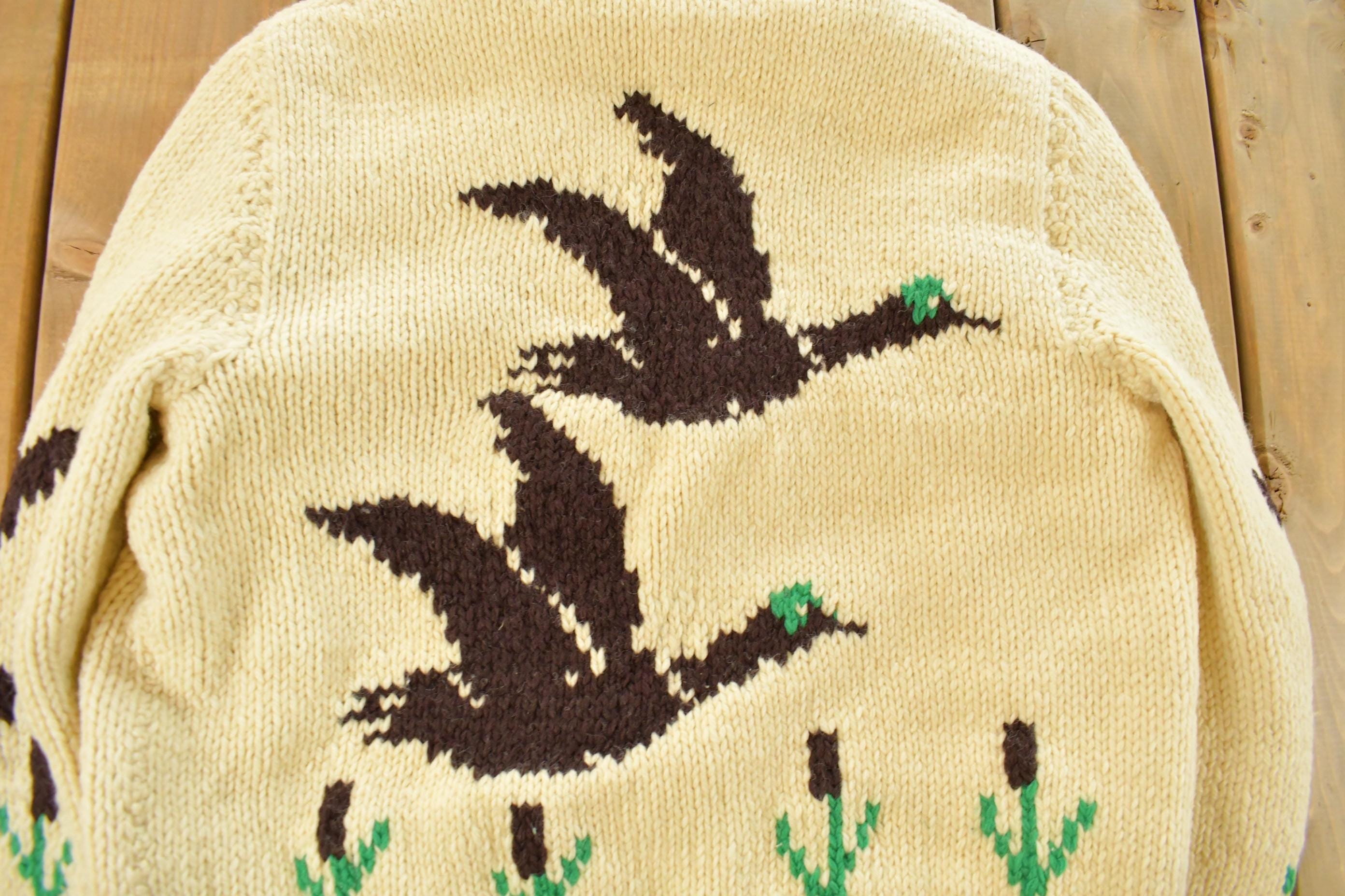 Vintage 1970s Hand-Knit Duck Birds Theme Wool Cowichan Sweater