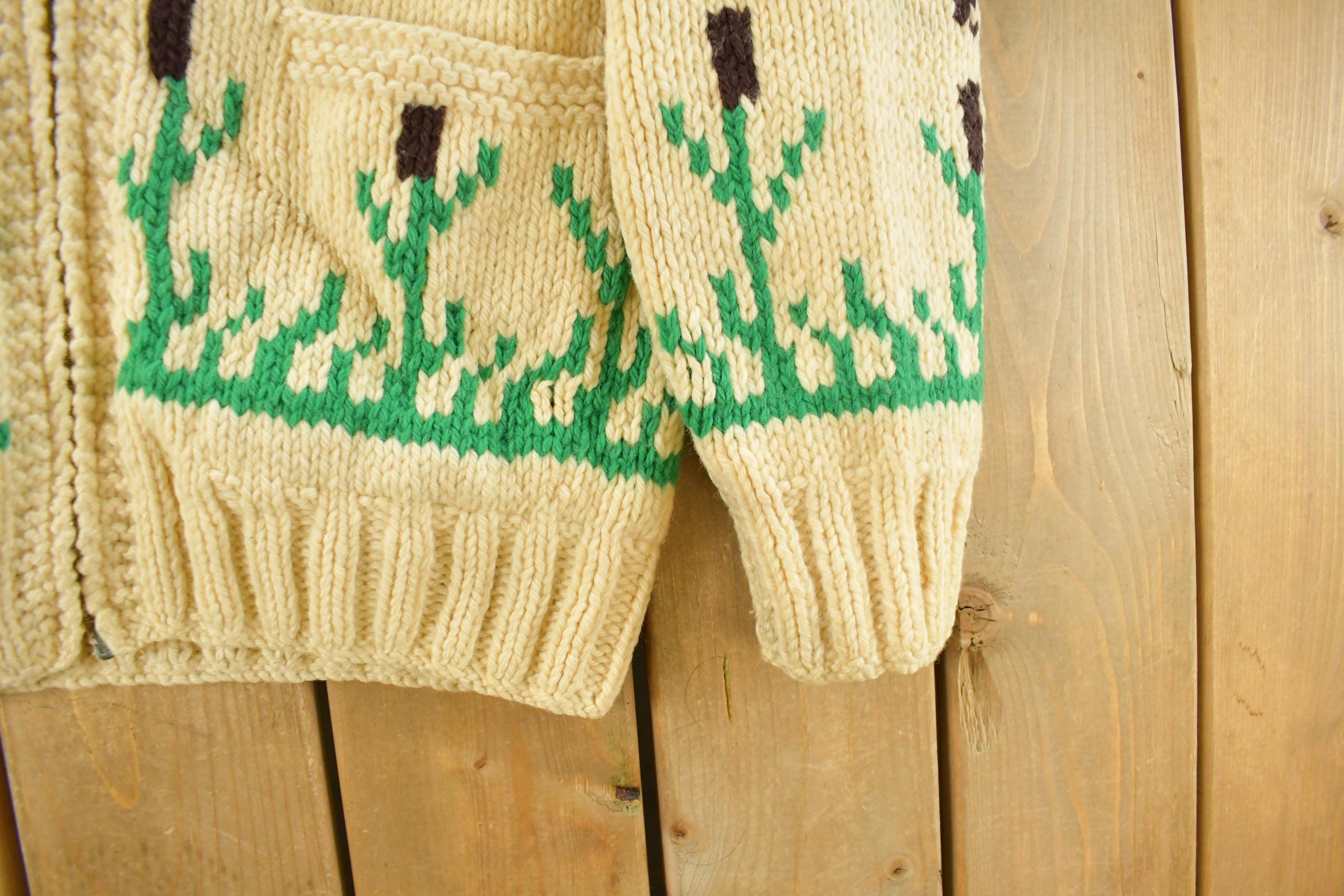 Vintage 1970s Hand-Knit Duck Birds Theme Wool Cowichan Sweater